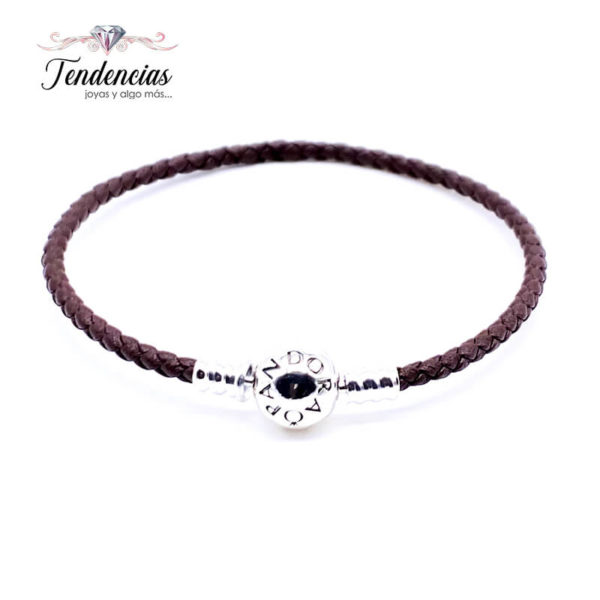 Pulsera Cuero Café - Broche Esfera Plata 925