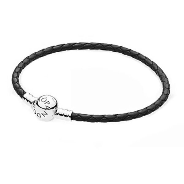 Pulsera Cuero Negro – Broche Esfera Clásica