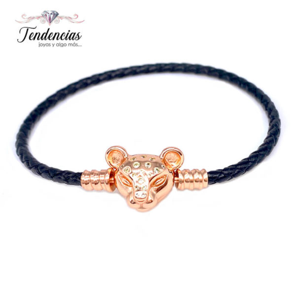 Pulsera Cuero Negro – Broche Leona Oro Rosa