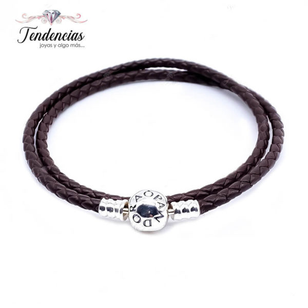 Pulsera Cuero Café Doble - Broche Esfera