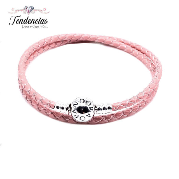 Pulsera Cuero Rosa Pastel Doble - Broche Esfera