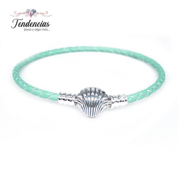 Pulsera Cuero Verde Turquesa – Broche Concha