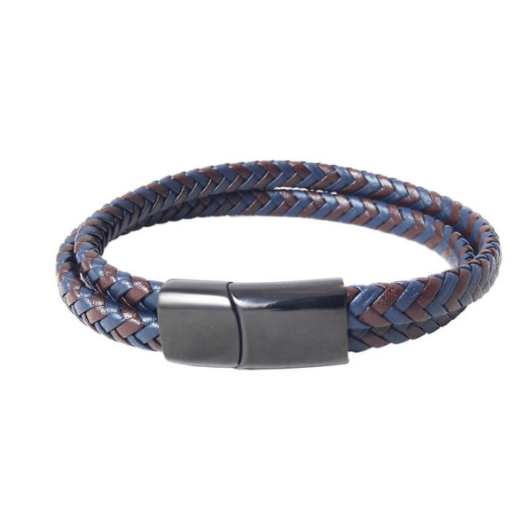 Pulsera de Cuero Tejido - Doble Azul y Café