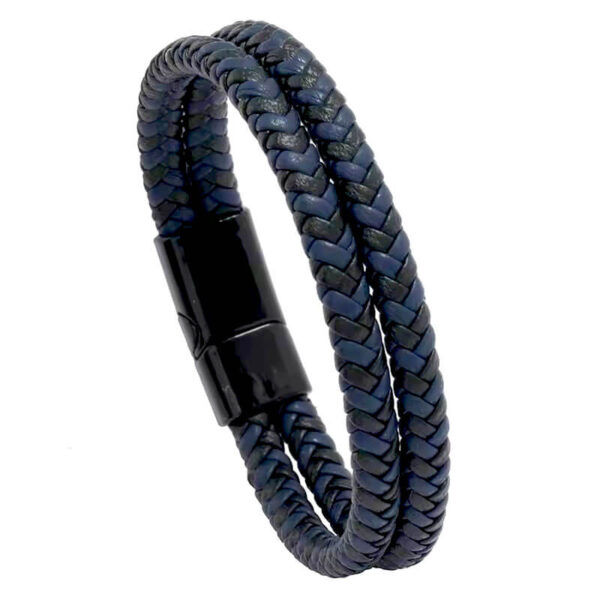 Pulsera Cuero Trenzado - Doble Negro y  Azul