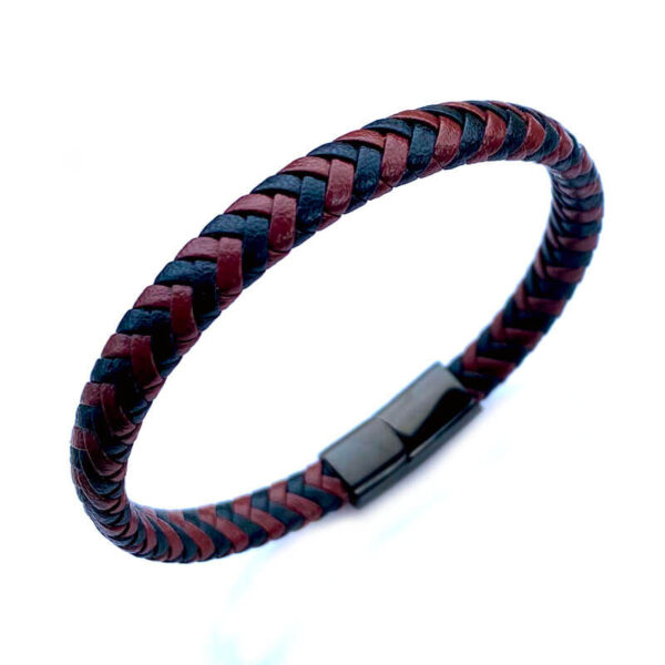 Pulsera de Cuero Tejido Negro-Vino