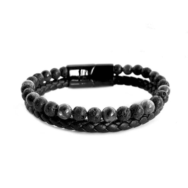 Pulsera de Cuero Negra Cuentas de Roca