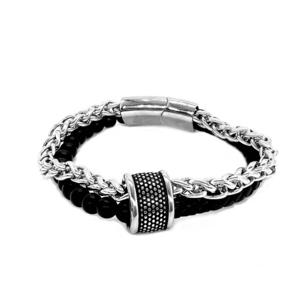 Pulsera Cuero Trenzado Negro y Acero