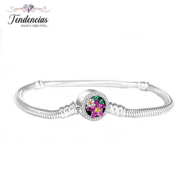 Pulsera Snake Plata 925 Broche Flores Fucsias
