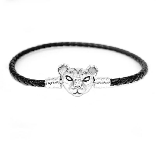 Pulsera Cuero Negro Broche Leona Plateada