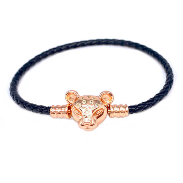 Pulsera Cuero Negro Broche Leona Oro Rosa