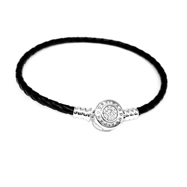 Pulsera Cuero Negro Broche Clásico Plateado