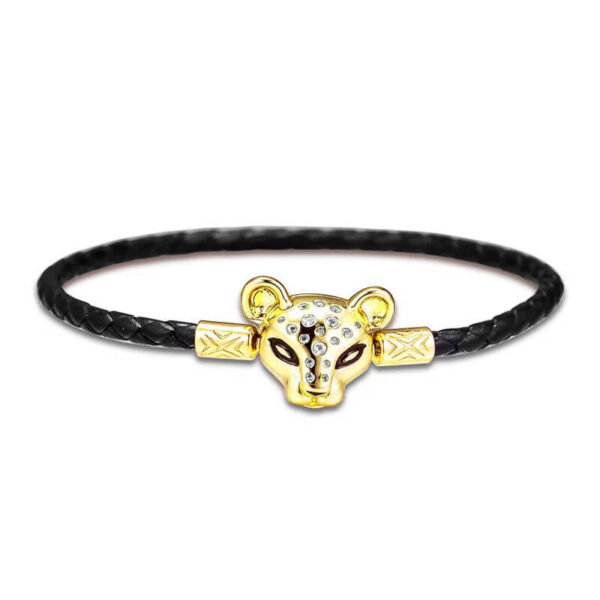 Pulsera Cuero Negro Broche Leona Dorada