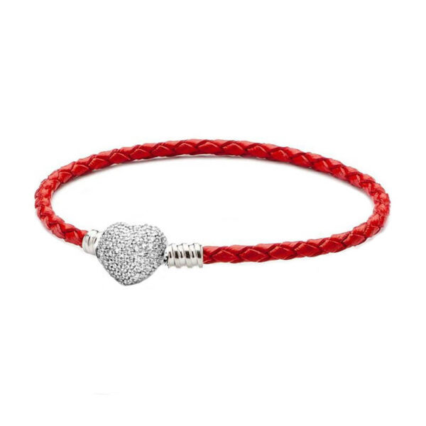Pulsera Cuero Rojo Broche Corazón Brillante
